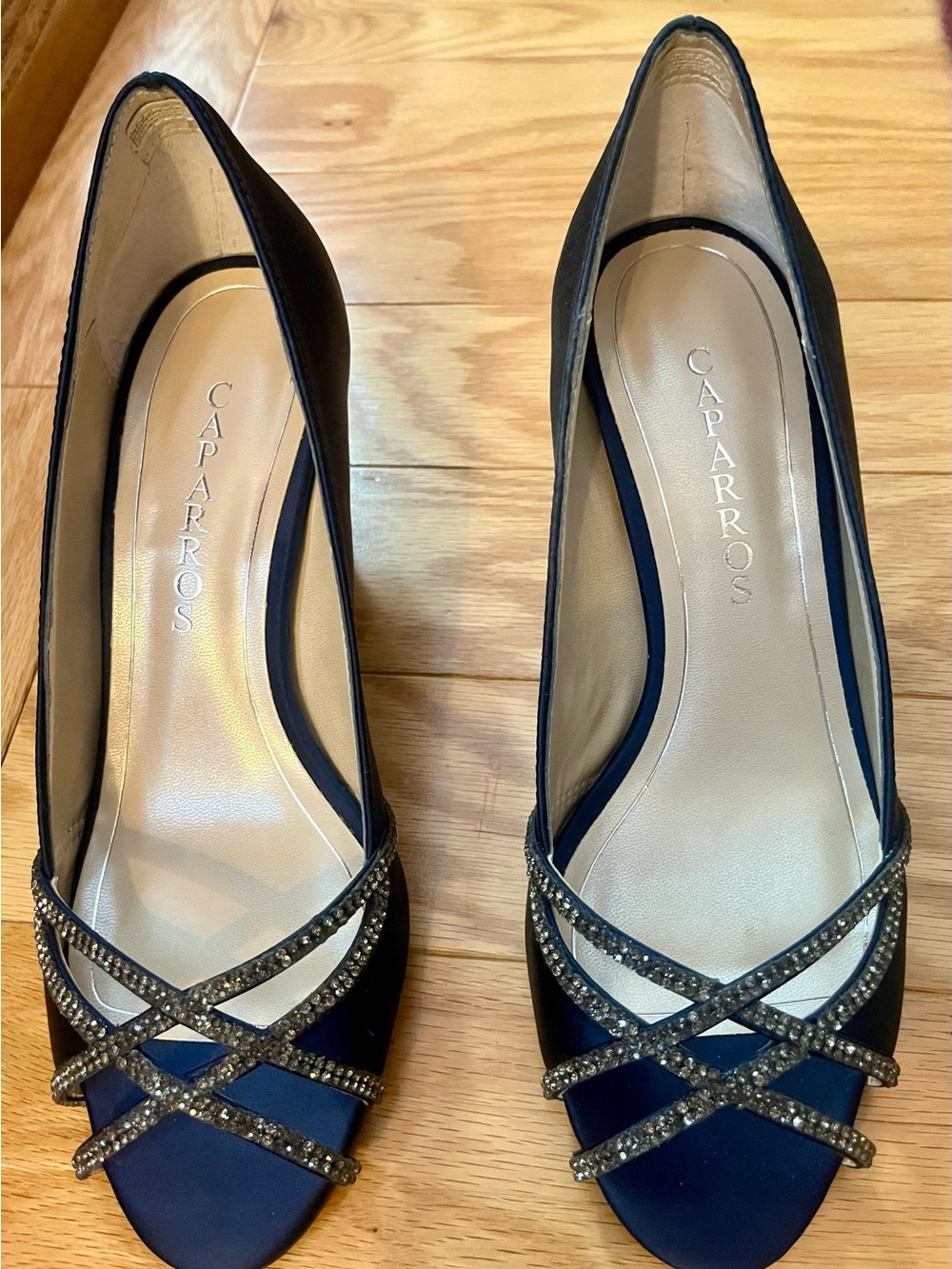 Caparros Navy Satin Peep-Toe Heels with Rhinestone Crisscross